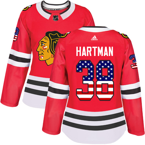 Adidas Blackhawks #38 Ryan Hartman Red Home Authentic USA Flag Women's Stitched NHL Jersey